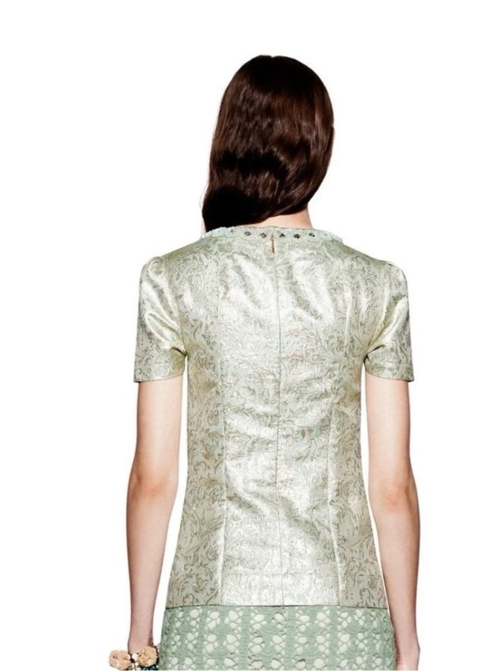 Vintage Tory Burch Lola Seafoam Green Metallic Jacquard Embellished Silk Top 6